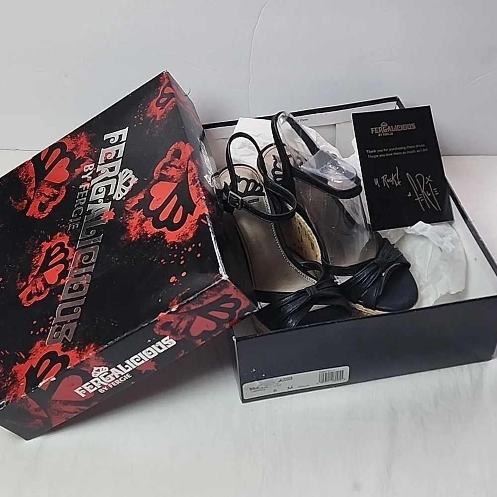 NWT Fergalicious By Fergie Black Wedge Sandals Size 6 4.5